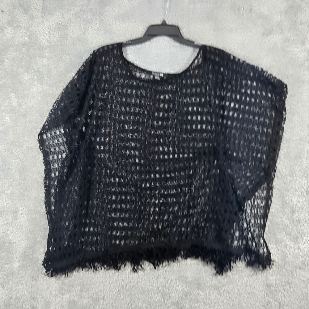 Forever 21 Black Open Knit Crochet Poncho Fringed Mesh Cover Up Top All Size